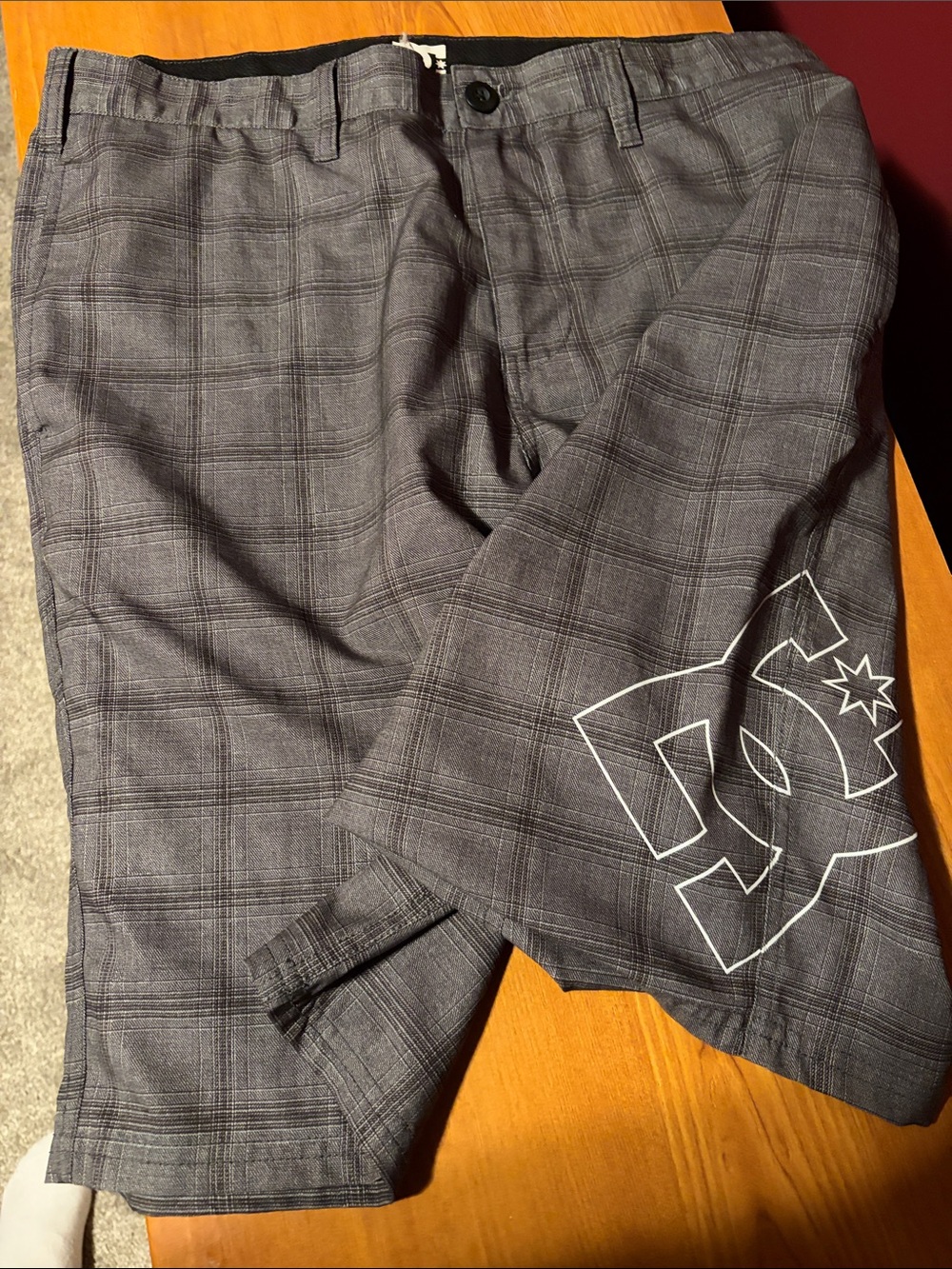 DC Men's Gray Plaid Shorts with White Logo